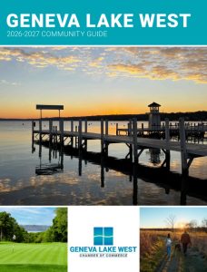 Geneva Lake West Community Guide for 2026-2027 with Images of the West End of Geneva Lake with the Chamber Logo
